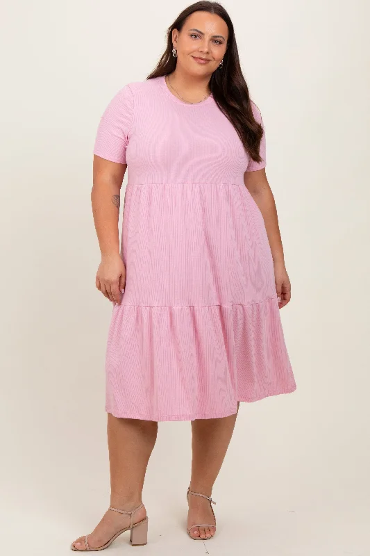 Stylish Women's Attire Pink Ribbed Tiered Plus Dress