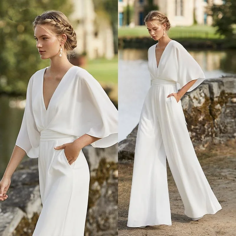 Clothing Sales Elegant Jumpsuit Wedding Dress with Pockets for Modern Brides