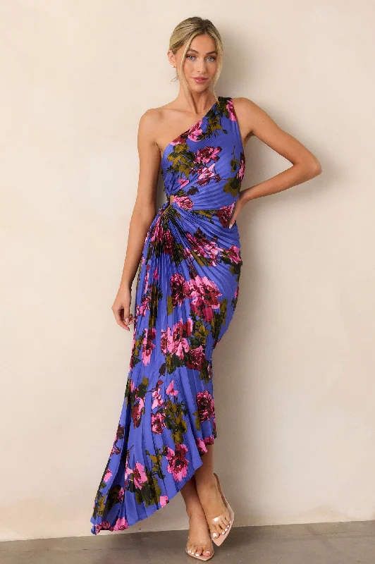 Seasonal Women's Fashion Trends Poetic Charm Violet Floral Asymmetric One Shoulder Maxi Dress