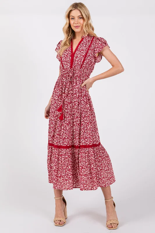 Women's Elegant Apparel Red Floral Lace Trim Midi Dress