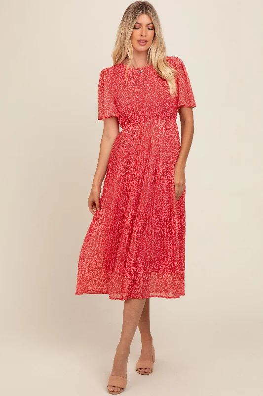 Women's Clothing Sale Red Floral Pleated Midi Dress