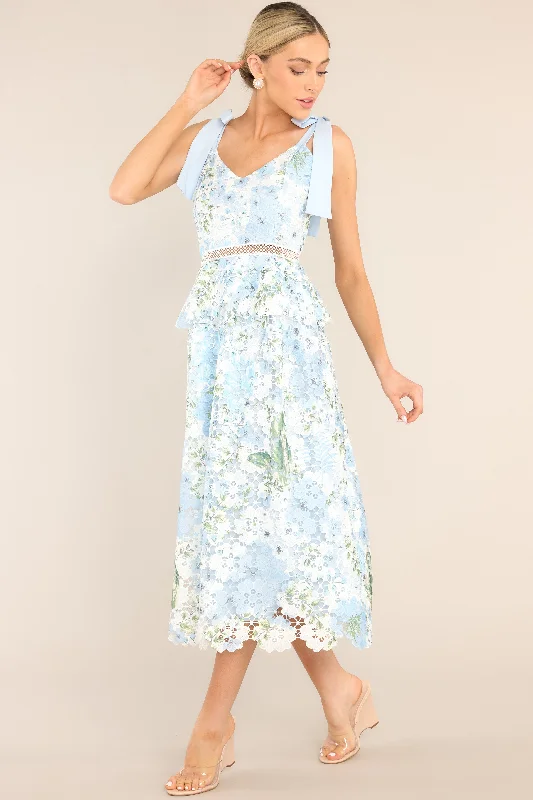 Versatile Women's Fashion Remembering Spring Light Blue Lace Floral Midi Dress