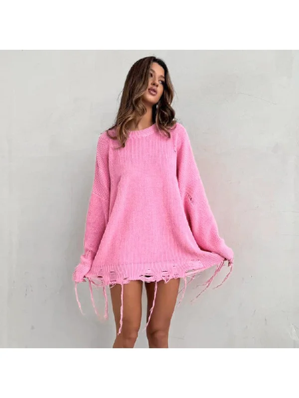 Casual Wear Ripped Woolen See Through Loose Sweater Dress