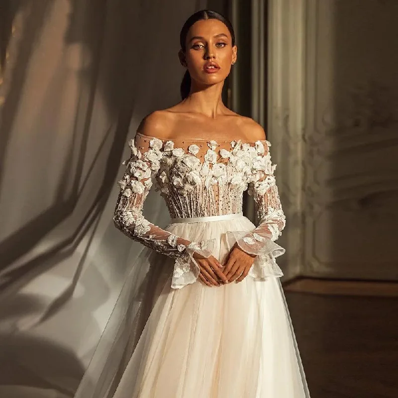 Women Wear Online Romantic 3D Floral Wedding Dress - Beaded Boat Neck with Long Sleeves