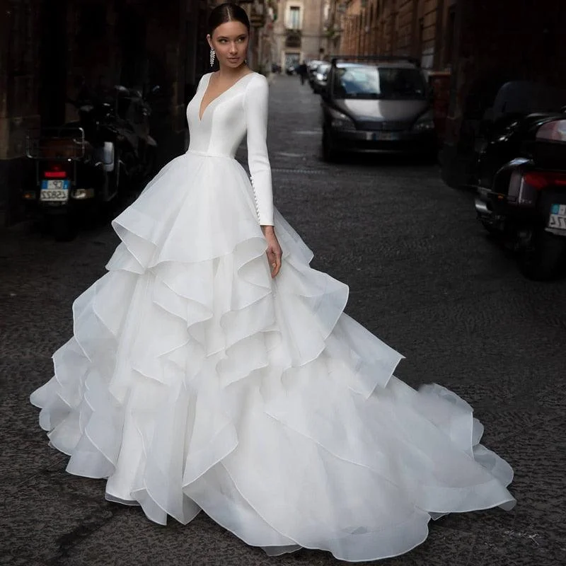 Online Shopping Boutiques Romantic V-Neck Long Sleeve Ruffles Beach Wedding Dress