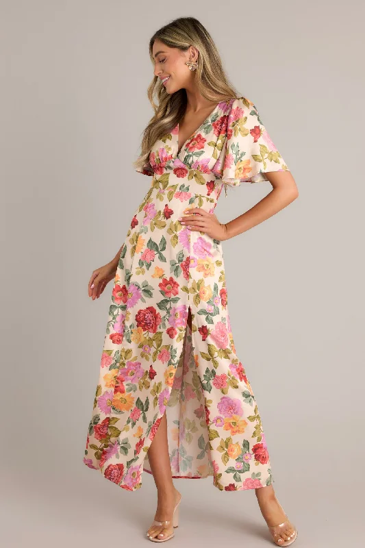 Women's Clothing Brands Rosewood Romance Beige Multi Floral Futter Sleeve Maxi Dress