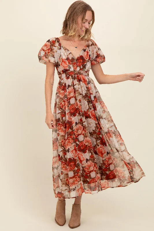 Women's Evening Apparel Rust Floral Puff Sleeve Maxi Dress