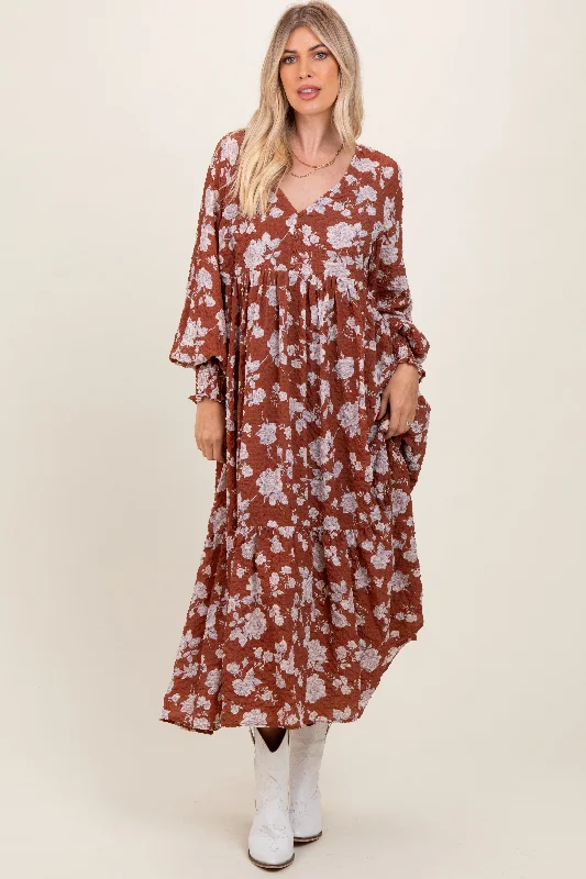 Modern Women's Attire Rust Floral Textured Bubble Sleeve Maxi Dress