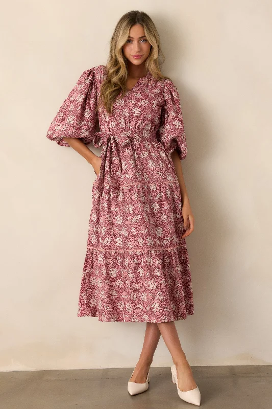 Women's Clothing Online Rustic Allure 100% Cotton Dark Sangria Floral Midi Dress