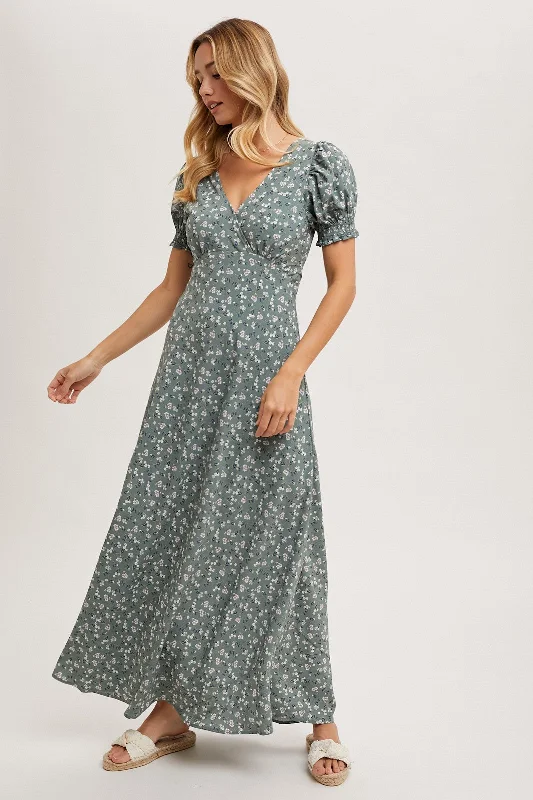 Women's Everyday Apparel Sage Floral Print V-Neck Maxi Dress