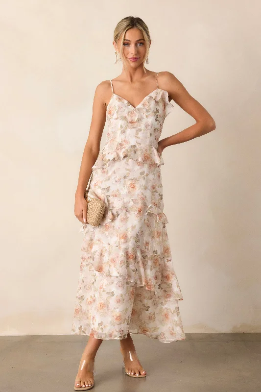 Women Clothes Searching For Love Ivory Floral Ruffle Midi Dress