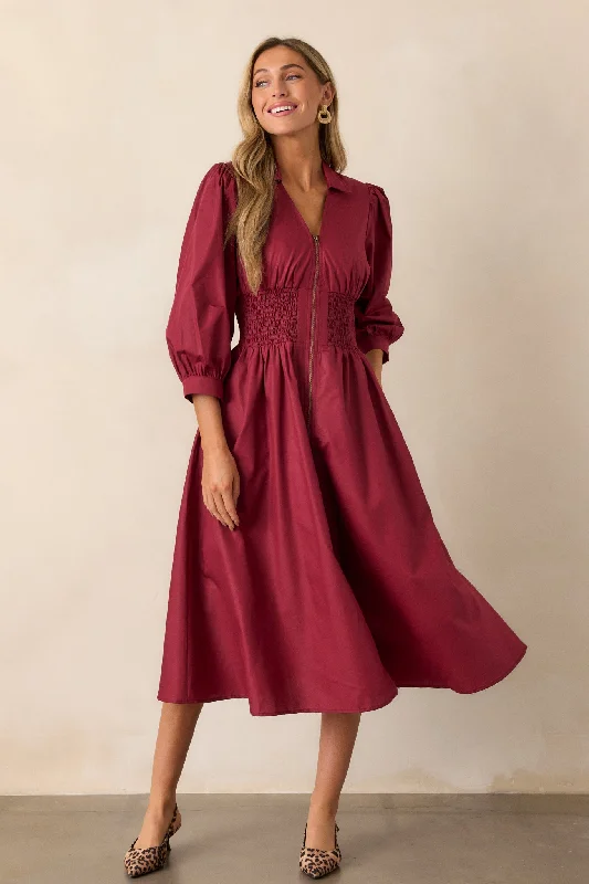 Rocker Chic Fashion Shift in Perspective Dark Sangria Midi Dress