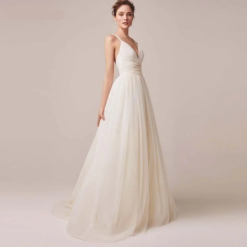 Women Fashion Spaghetti Straps Tulle V-neck Backless Bridal Dresses