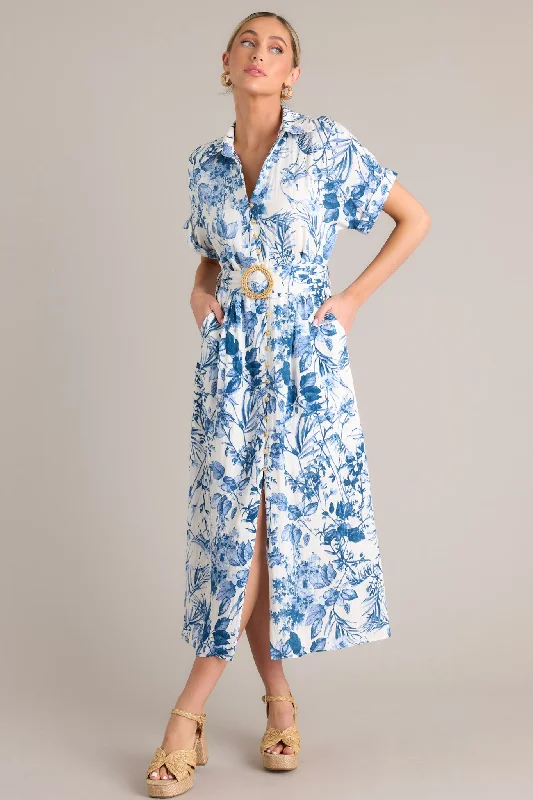 Premium Style Springtime Splendor White & Blue Floral Belted Midi Dress