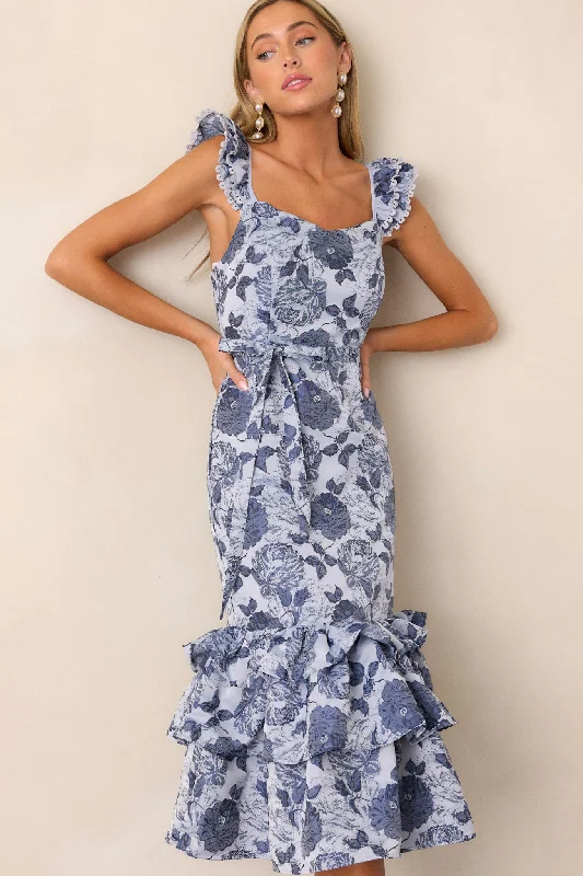 Chic Women's Garments Start All Over Blue Floral Ruffle Midi Dress