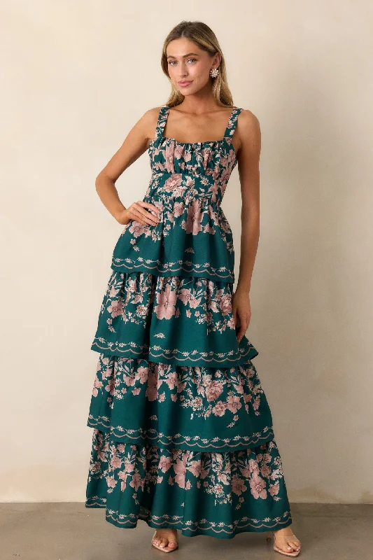 Unique Women's Fashion Pieces Sweet Reminiscence Forest Green Floral Tiered Maxi Dress