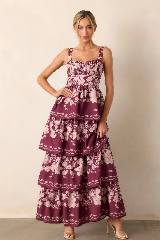 Women's Clothing Boutique Sweet Reminiscence Wine Floral Tiered Maxi Dress