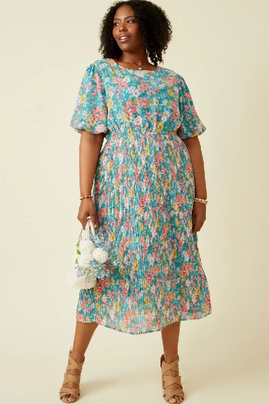 Current Trends Teal Floral Pleated Plus Size Midi Dress