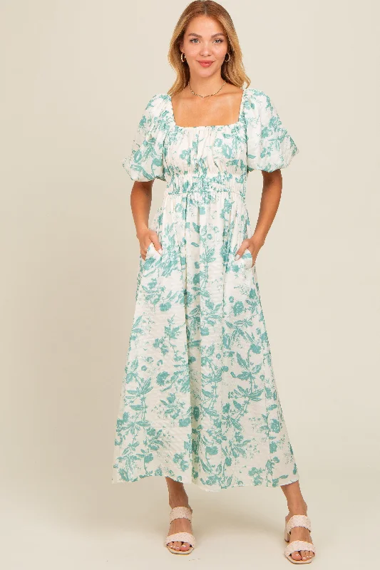 Save Big Teal Floral Puff Sleeve Midi Dress