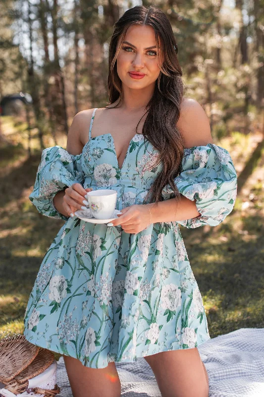 Modern Women's Fashion with Vintage Touches The Beauty Within Off The Shoulder Floral Mini Dress (Aqua Blue)