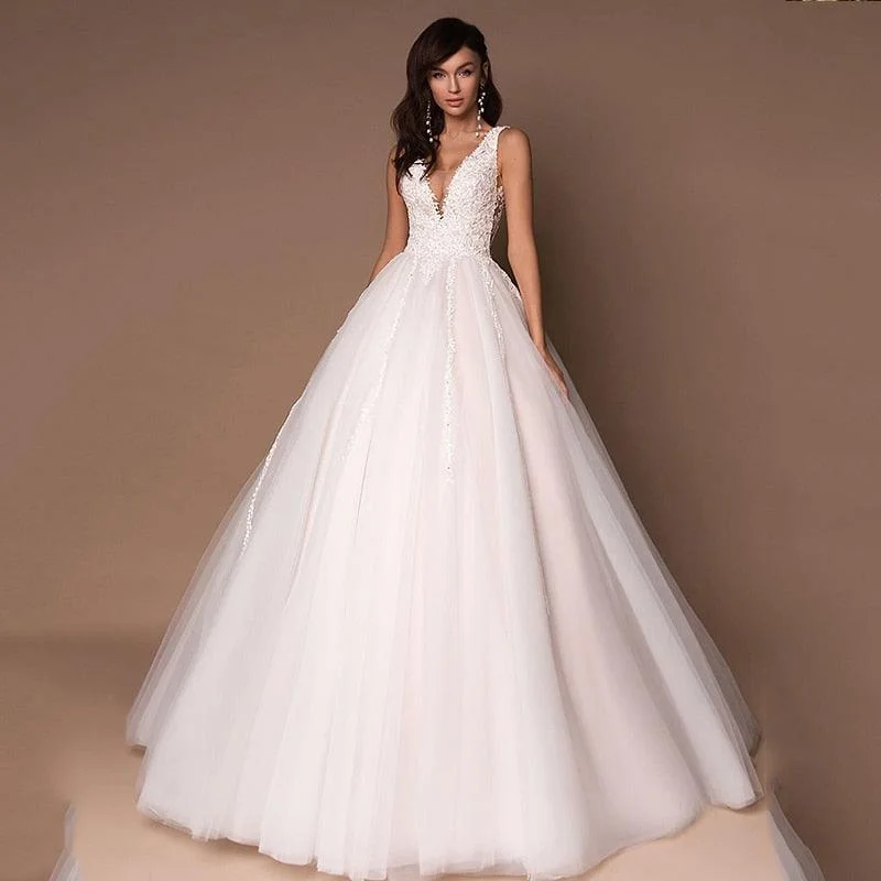 Women's Clothing Tulle Deep V-Neck Sleeveless Princess Puffy Beads Appliques Bridal Dresses