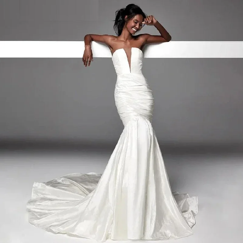 Women Wear Brands Elegant Strapless Satin Mermaid Wedding Dress - Timeless Ruched Design