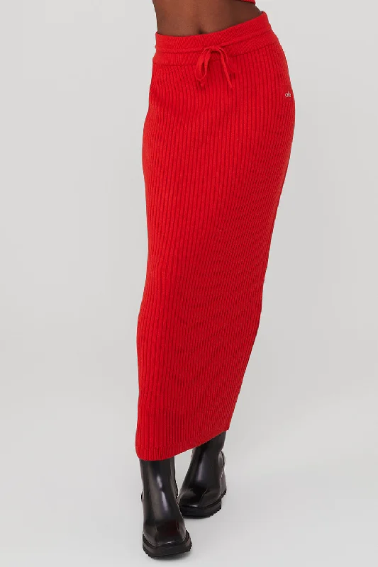 Women's Festive Attire Cashmere Ribbed High-Waist Winter Dream Skirt - Red Flame