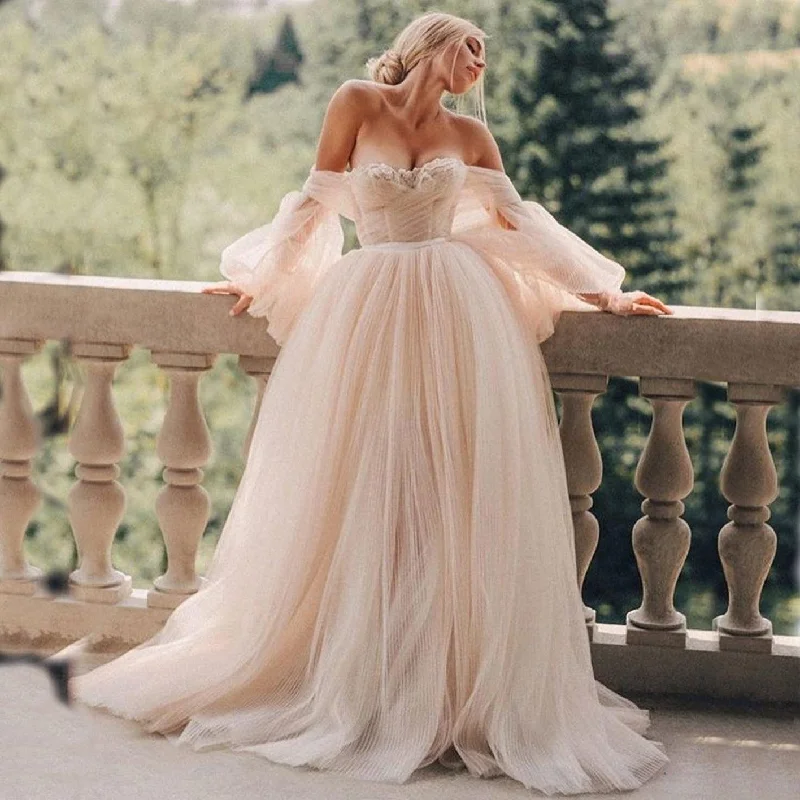 Stylish Women's Clothes for Work and Play Long Puff Sleeve Champagne Off Shoulder Wedding Dress