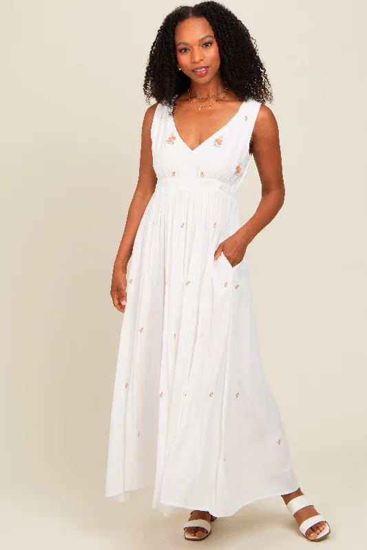 Women's Versatile Apparel White Floral Embroidered Sleeveless Maxi Dress