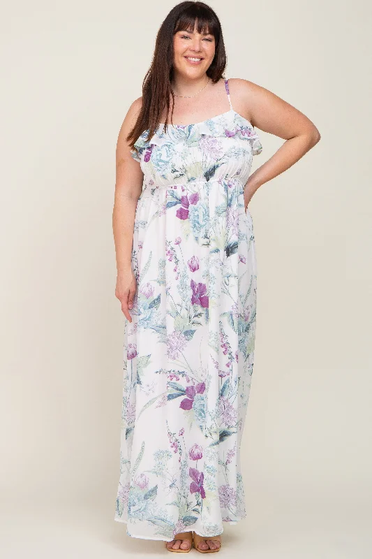 Chic Casual Style White Floral Sleeveless Ruffle Plus Maxi Dress