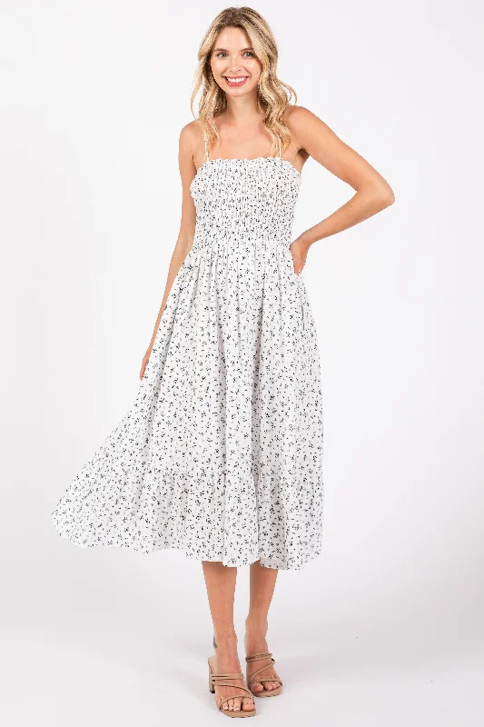 Women's Sports Apparel White Floral Smocked Sleeveless Midi Dress