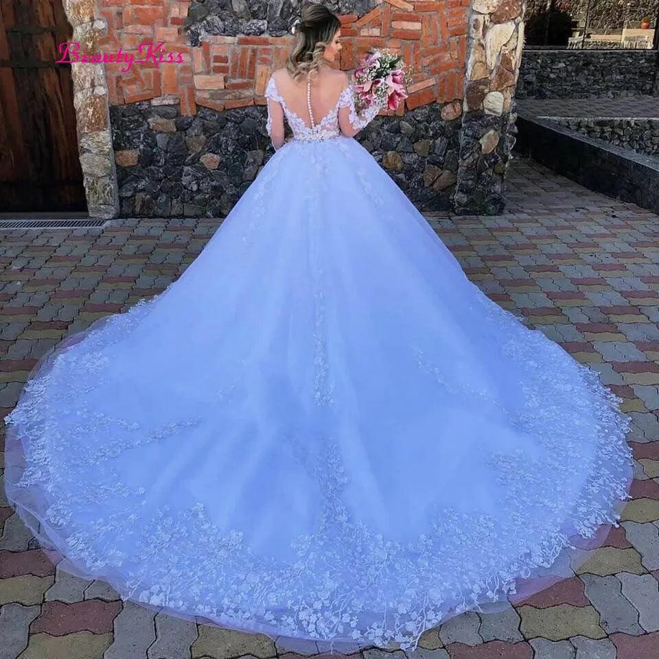 Best Boutiques Online White Princess Ball Gown Wedding Dress  - Lace Appliques, Long Sleeves, Plus Size Robe De Mariee