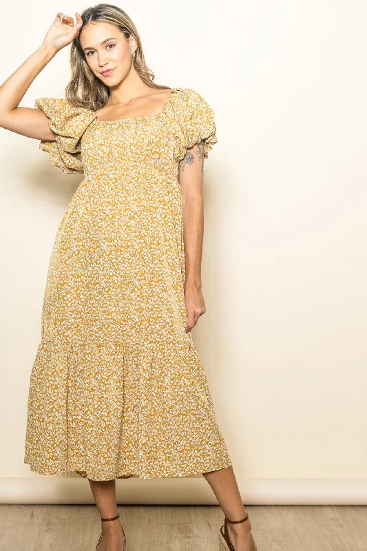 Sporty Streetwear Yellow Floral Puffed Sleeve Midi Dress