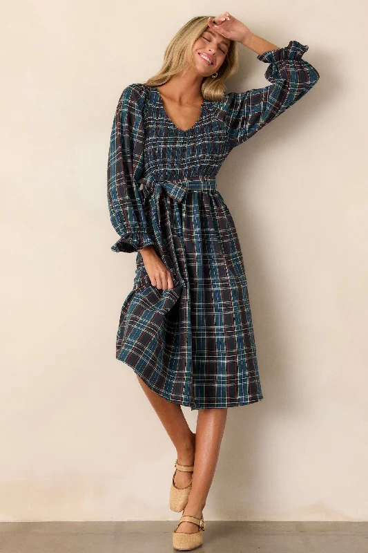 Women's Clothes All Spruced Up Black Multi Plaid Midi Dress