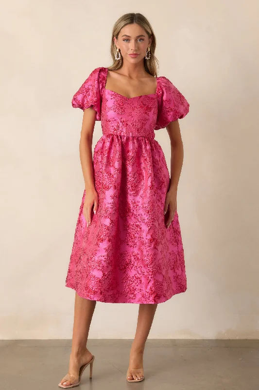 Women's Clothes And Apparel Blooming Hearts Pink Floral Jacquard Midi Dress