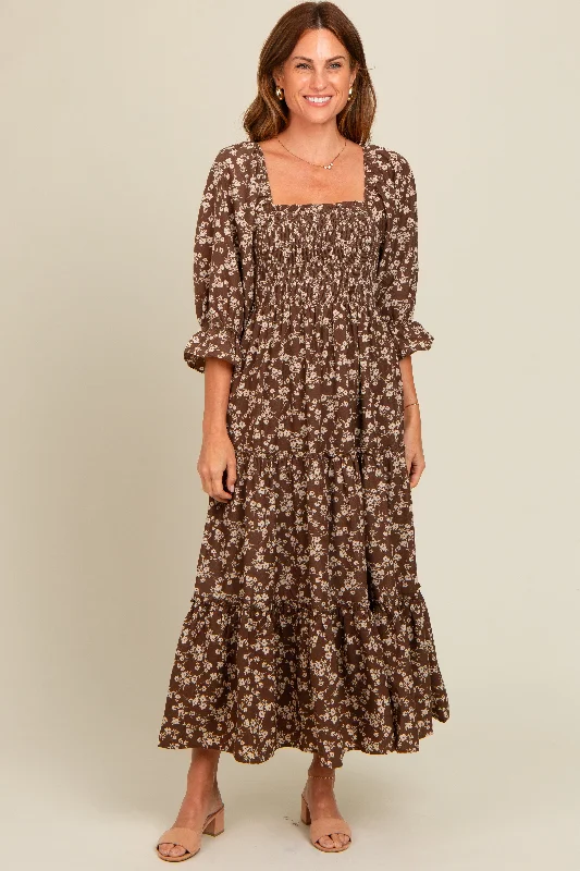 Everyday Fashion Brown Smocked Tiered Pocketed Midi Dress