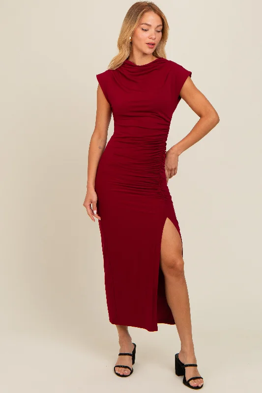 Chic And Comfortable Burgundy Ruched Mock Neck Slit Midi Dress