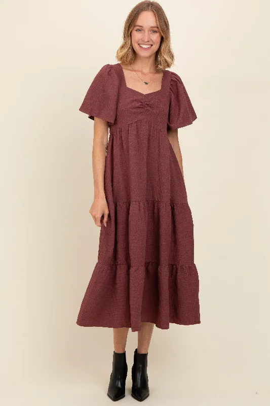 Relaxed Style Burgundy Sweetheart Neck Short Puff Sleeve Tiered Midi Dress