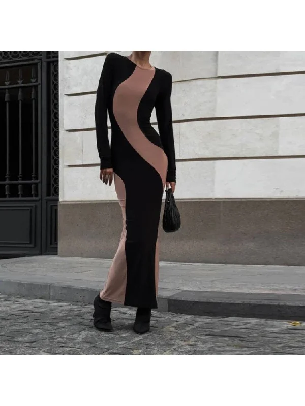 Eclectic Fashion Color Matching Fitted Long Sleeves Maxi Dress