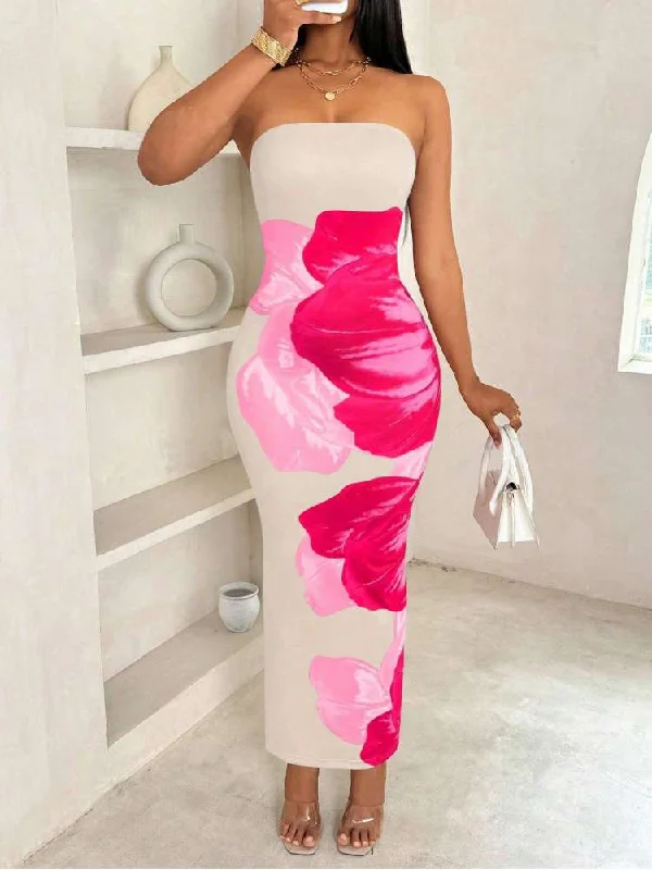 Luxury Fashion Colorblock Floral Printed Strapless Maxi Dress