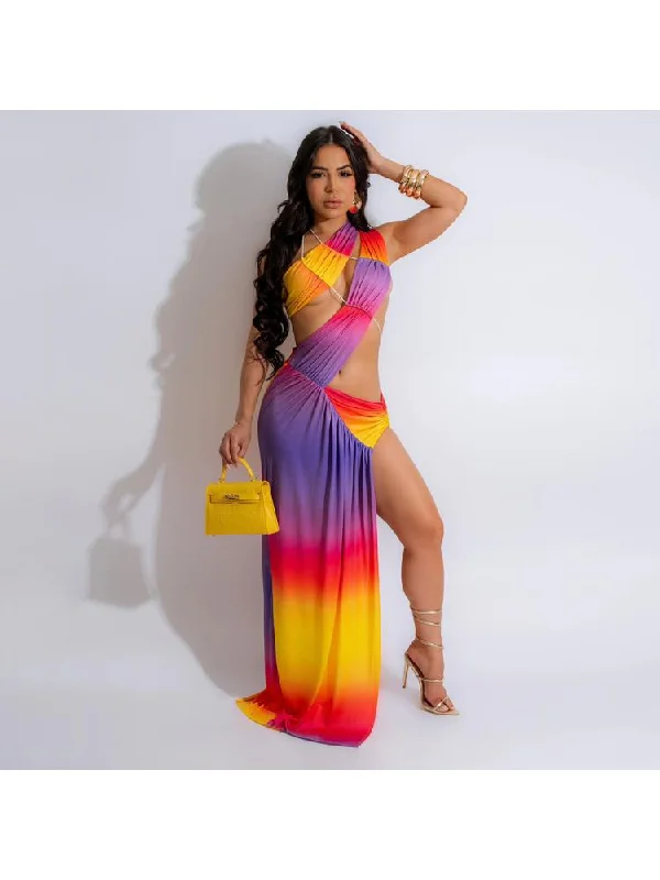 Holiday Gift Guide Sale Colorblock Split Hem Backless Maxi Dresses