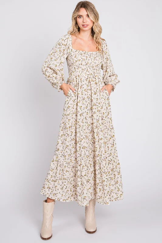 Timeless Elegance Cream Floral Smocked Long Sleeve Maxi Dress