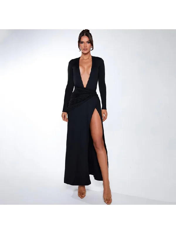 High End Fashion Deep V Neck Ruched Split Hem Maxi Dress