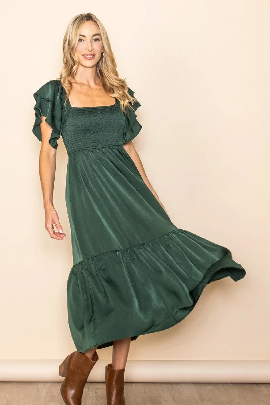 Chic Wardrobe Forest Green Satin Flutter Sleeve Midi Dress