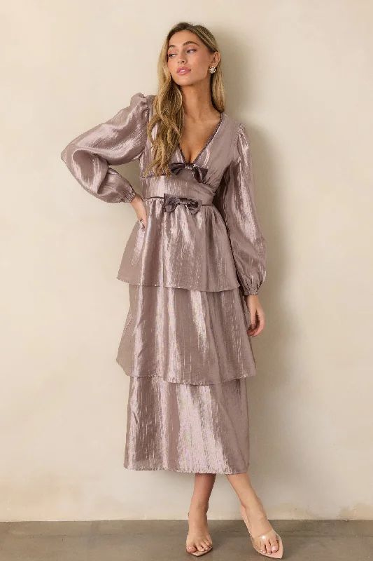 Women's Resort Apparel Glamorous Gaze Metallic Grey Tiered Midi Dress