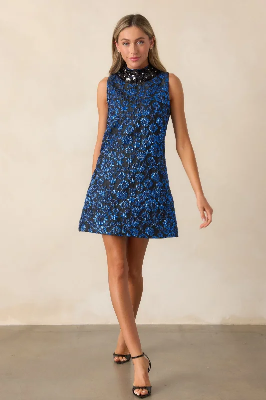 Women's Outerwear Apparel Glistening Skies Midnight Blue Floral Jacquard Mini Dress