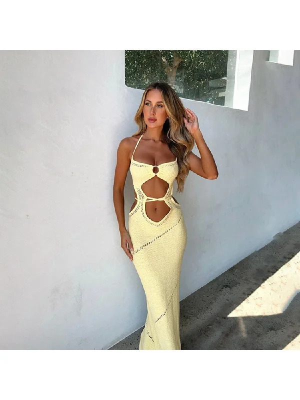 Vintage Fashion Halter Hollow-out Backless Maxi Dress