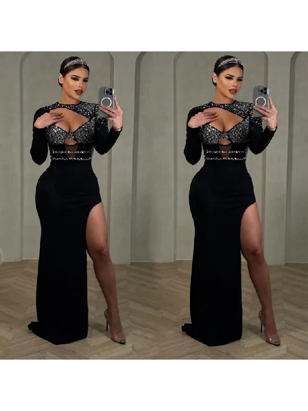 Exclusive Discount Hotfix Rhinestones Hollow-out Split Hem Long Sleeves Maxi Dresses