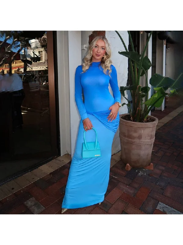 Trendy Street Style Clothing Knot Colorblock Fitted Long Sleeves Maxi Dress