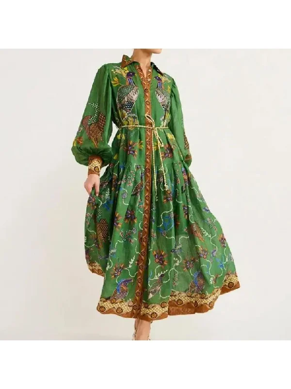 Classic Women's Fashion Lace Up Lantern Sleeve Vintage Dress